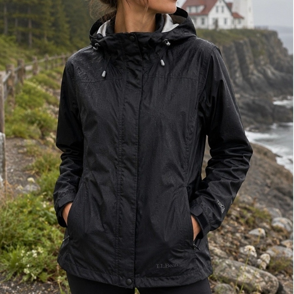 L.L. Bean Women's Black Trail Model Hooded Waterproof Rain Jacket - Size XS Reg
